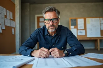Professionnel du bâtiment analysant les tableaux de l'indice BT47 dans un bureau de chantier
