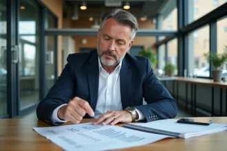 Professionnel de l'immobilier consultant un bail commercial avec indices ICC 2026 dans un bureau moderne