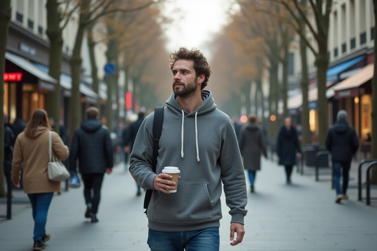 Jeune homme se promenant sur un boulevard piétonnier de Saint-Étienne, capturant l'atmosphère urbaine et la qualité de vie de la ville