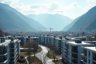Vue panoramique sur le paysage urbain de l'Isère avec des immeubles résidentiels neufs et les massifs montagneux en arrière-plan, illustrant le marché de la promotion immobilière locale.