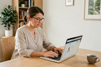 Propriétaire connectée à son espace MyFoncia sur un ordinateur portable depuis son bureau à domicile