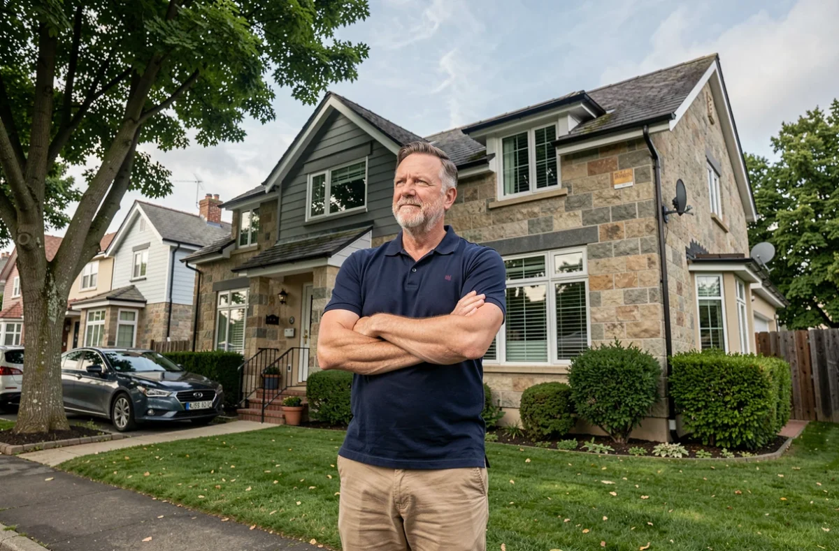Propriétaire masculin évaluant sa maison depuis l'extérieur pour un avis sur l'assurance habitation Socorpi