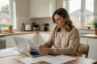 Propriétaire de maison examinant des documents de contrat d'assurance Socorpi avis à son bureau de cuisine moderne