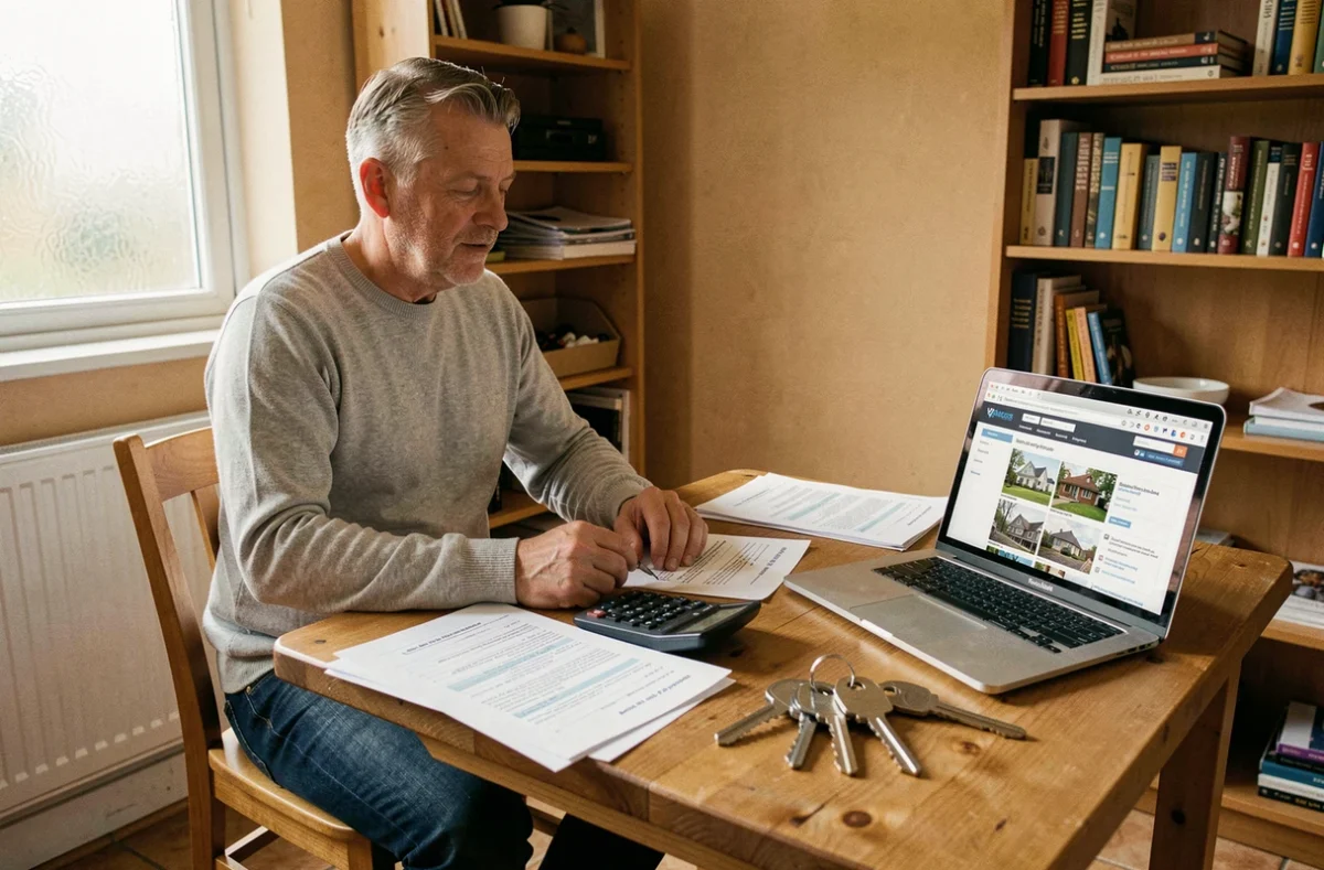 Propriétaire bailleur particulier assis à une table avec des contrats de location, une calculatrice et des clés de maison