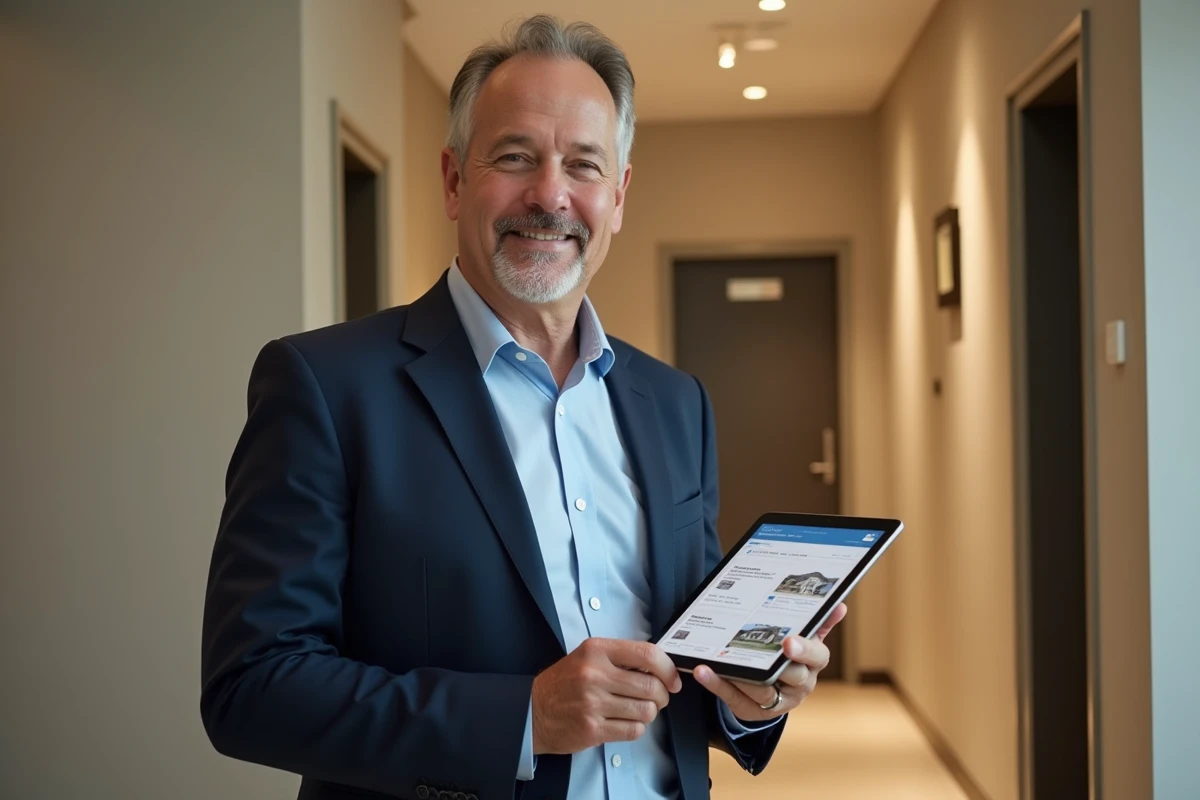 Propriétaire bailleur vérifiant l'état des paiements de loyer sur une tablette dans un couloir d'immeuble résidentiel