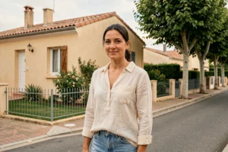 Femme devant une maison pavillonnaire dans un quartier périphérique de Nîmes, illustration du marché immobilier en banlieue