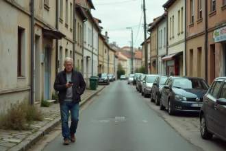 Rue résidentielle ordinaire d'un quartier populaire d'Alès avec immeubles anciens et trottoir fissuré