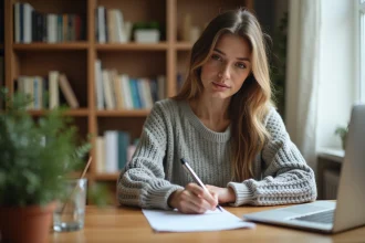 Femme rédigeant une lettre de préavis à son bureau à domicile
