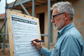 Homme remplissant un panneau de permis de construire fixé sur un chantier de maison en rénovation