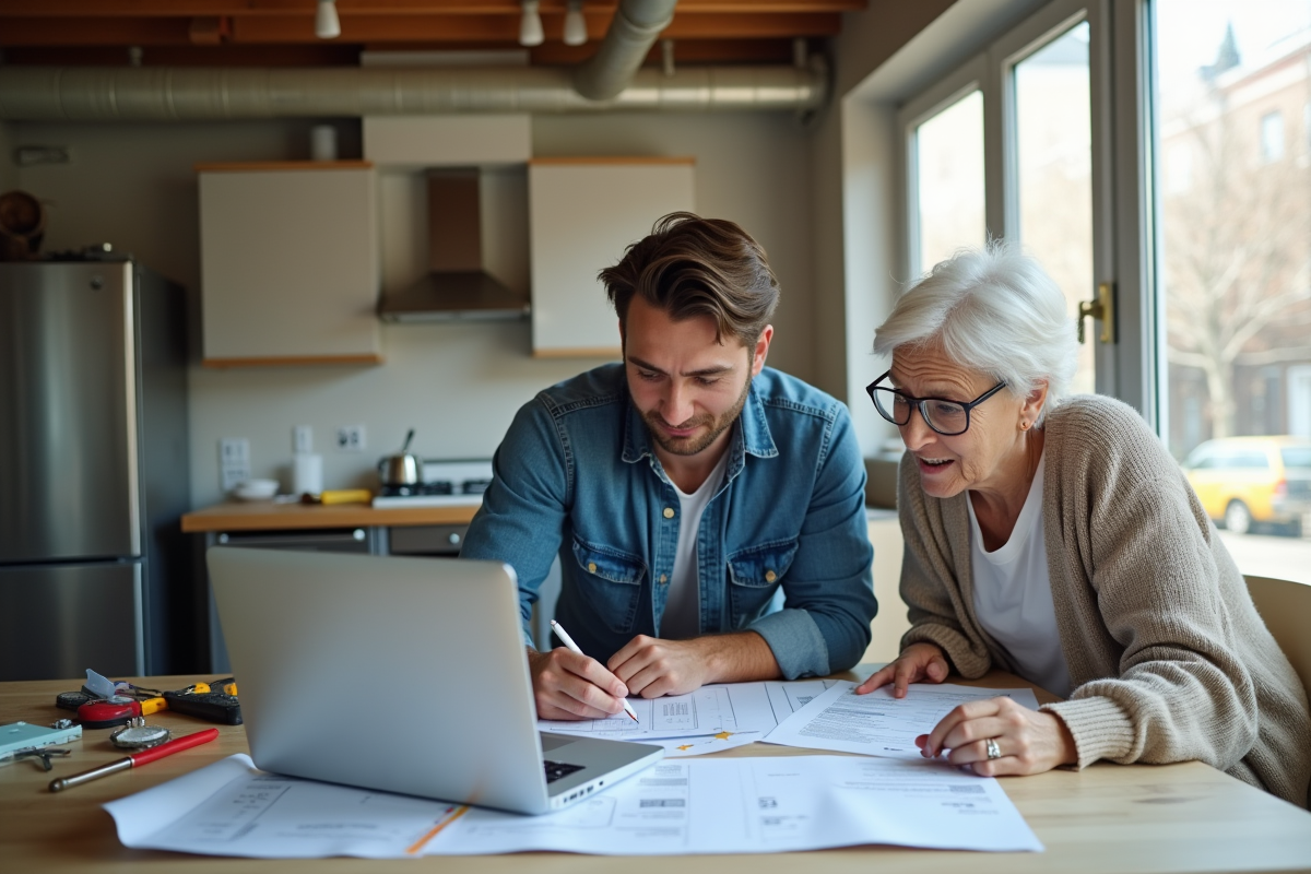 Jeune homme et femme examinant plans de renovation dans une cuisine