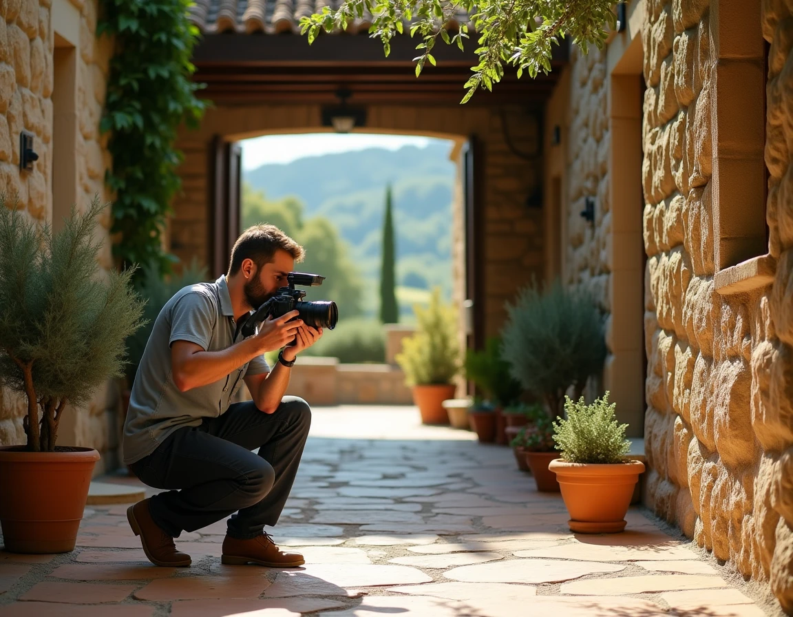 Repéreur de lieux professionnel photographiant la cour en pierre d'une ferme provençale rénovée pour évaluer son potentiel cinématographique