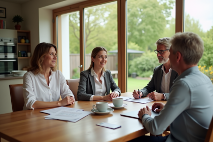 Groupe de quatre adultes discutant autour d'une table avec documents et ordinateur