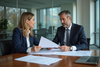 Femme professionnelle discutant avec un homme en réunion de financement