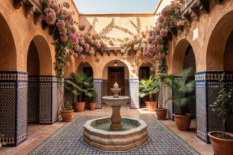 Patio intérieur d'un riad traditionnel à Marrakech avec fontaine en marbre, zellige coloré et bougainvilliers en fleurs