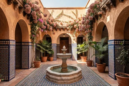 Patio intérieur d'un riad traditionnel à Marrakech avec fontaine en marbre, zellige coloré et bougainvilliers en fleurs