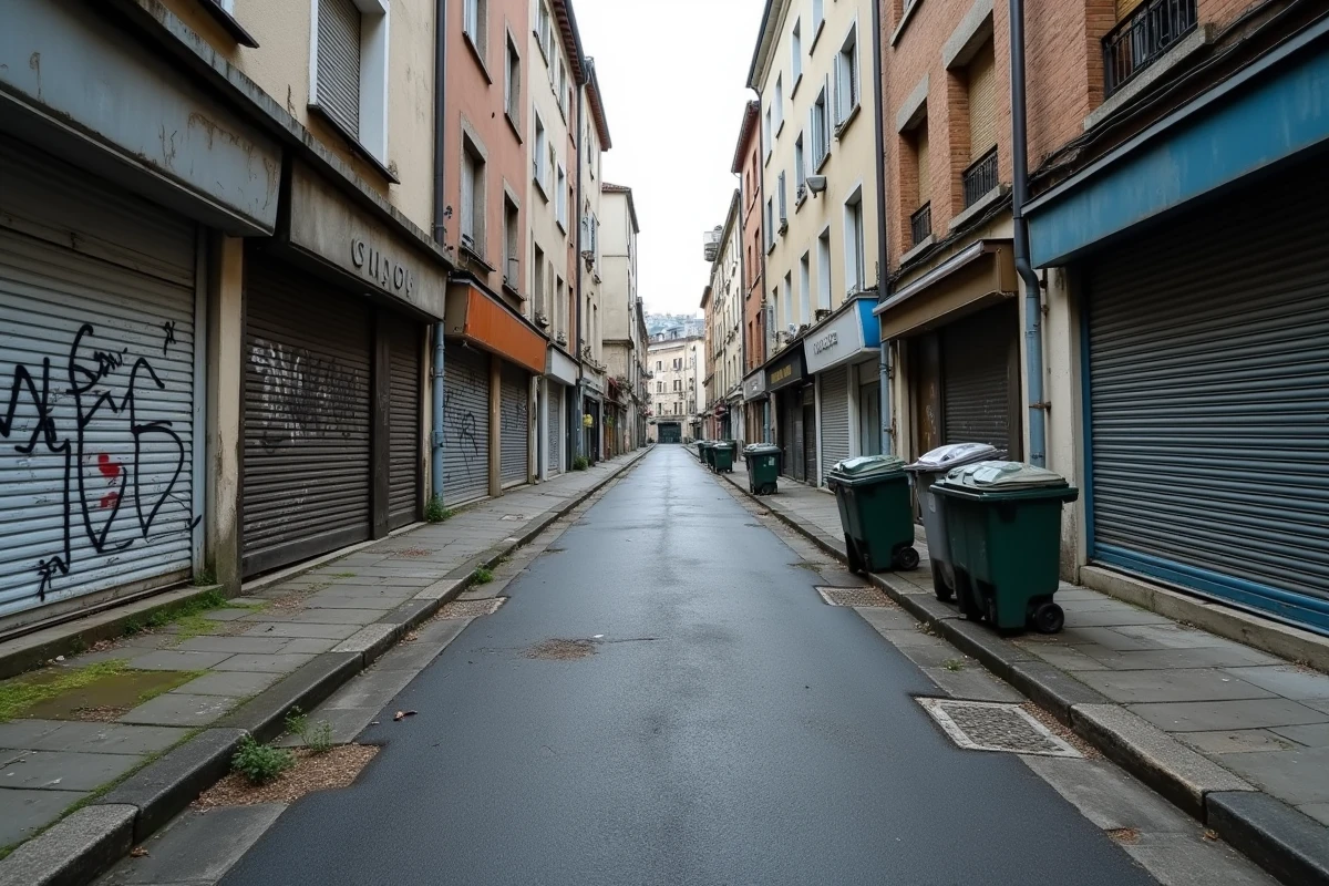 Rue dégradée d'un quartier à éviter à Champs-sur-Marne avec graffitis, poubelles débordantes et immeubles vétustes