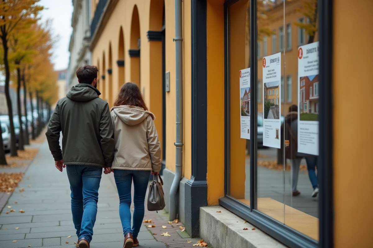 Couple de jeunes acheteurs consultant des annonces immobilières dans le quartier du Sablon à Metz
