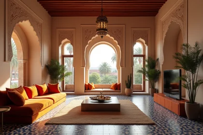 Salon de luxe dans un appartement à Marrakech avec décor marocain raffiné, zellige et plafond en cèdre sculpté