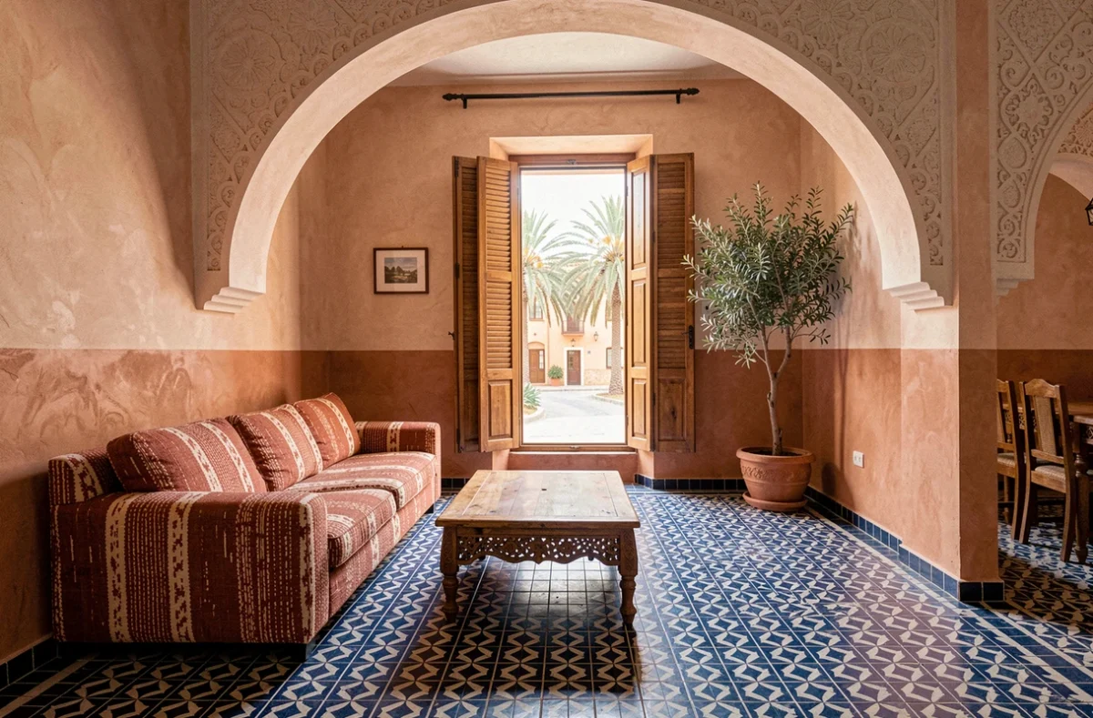 Salon vide d'un appartement traditionnel marocain à vendre à Marrakech avec carreaux en zellige et arche en stuc sculpté