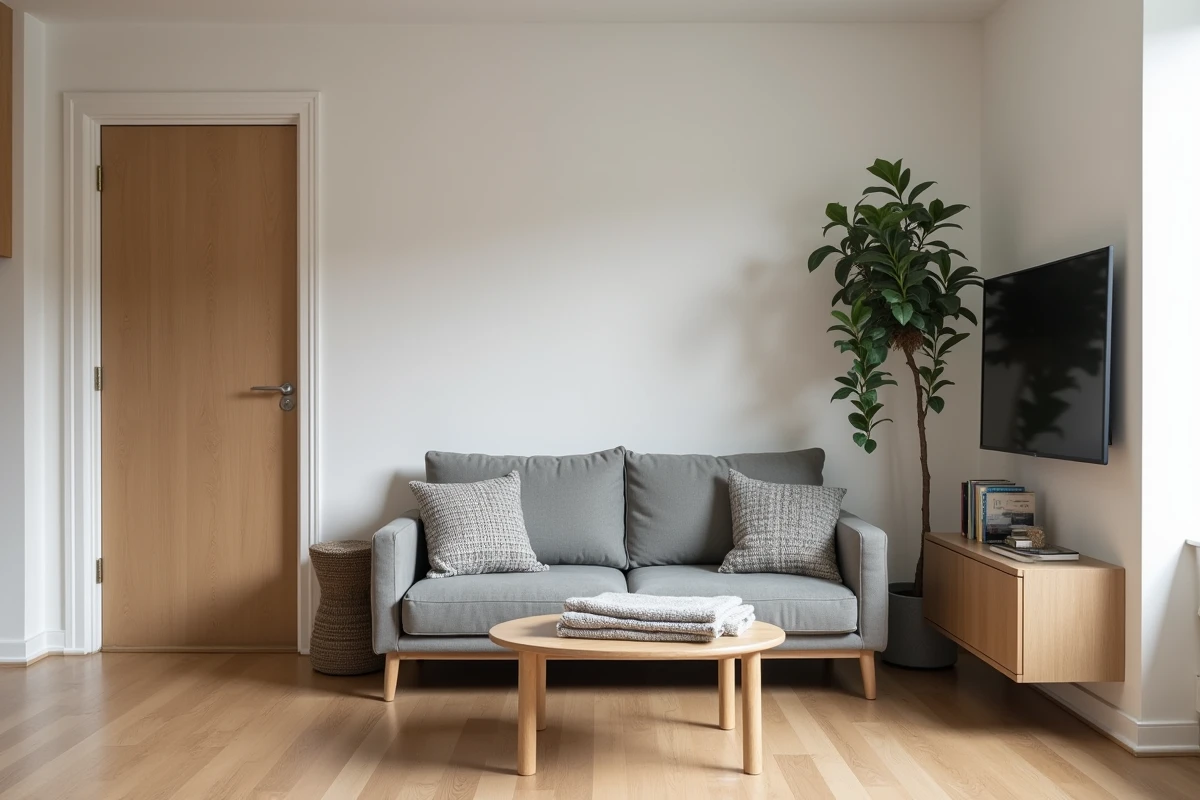 Salon meublé avec canapé, table basse et télévision murale dans un appartement en location