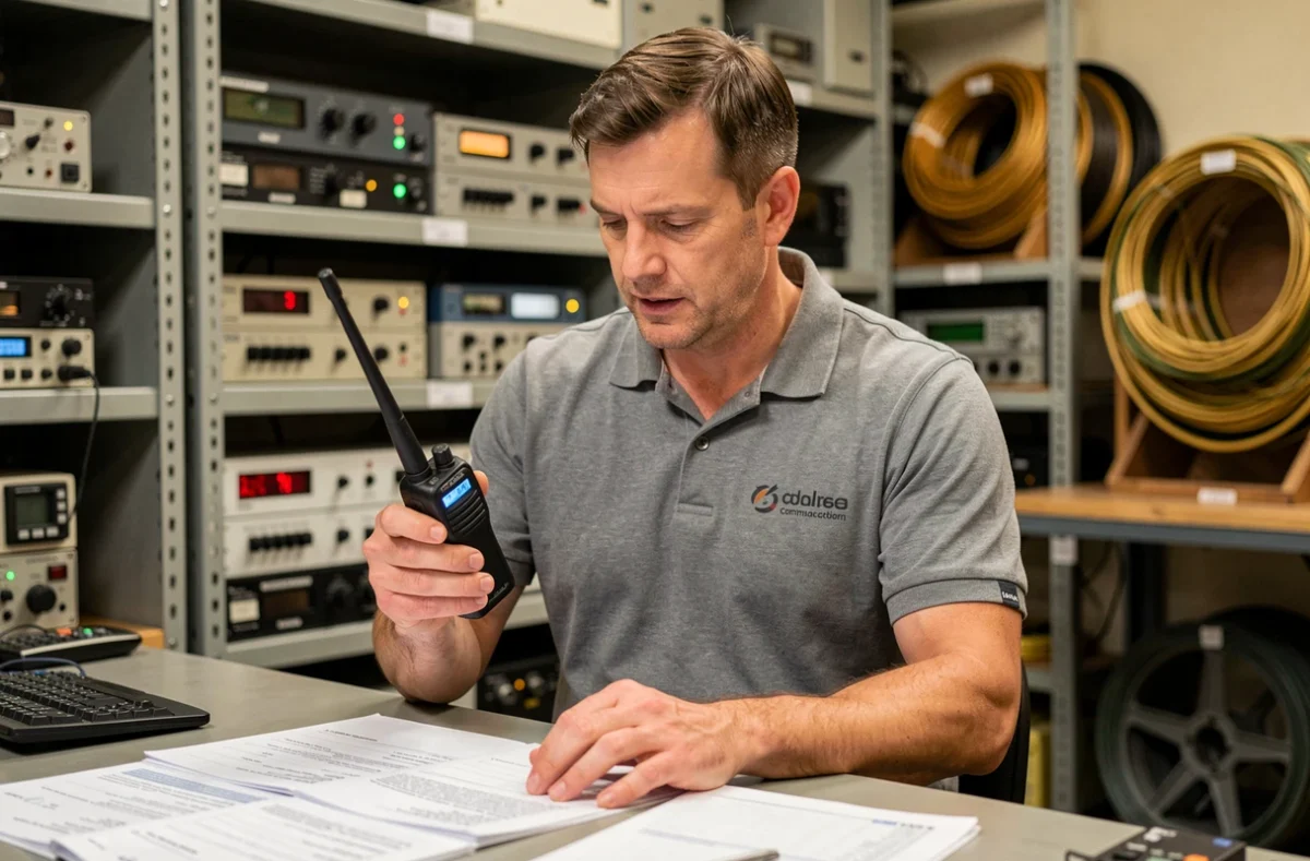 Technicien de Sarl Taranis Radio Communications inspectant des équipements radio dans un atelier spécialisé