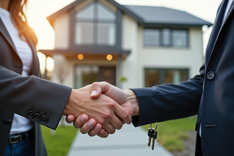 Couple serrant la main avec un agent immobilier devant une maison moderne