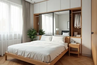 Studio meublé avec lit en bois, linge blanc et armoire intégrée pour location meublée