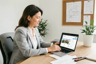Femme consultant son dossier immobilier sur une plateforme en ligne depuis un bureau à domicile moderne