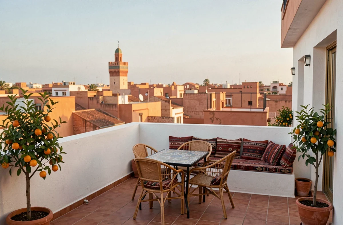 Terrasse d'un appartement à Marrakech avec vue panoramique sur les toits de la médina, parfaite pour un investissement locatif saisonnier