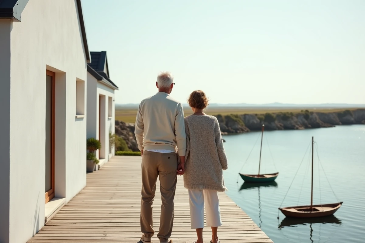 Couple sur la terrasse d'une maison vue mer dans le Golfe du Morbihan en Bretagne
