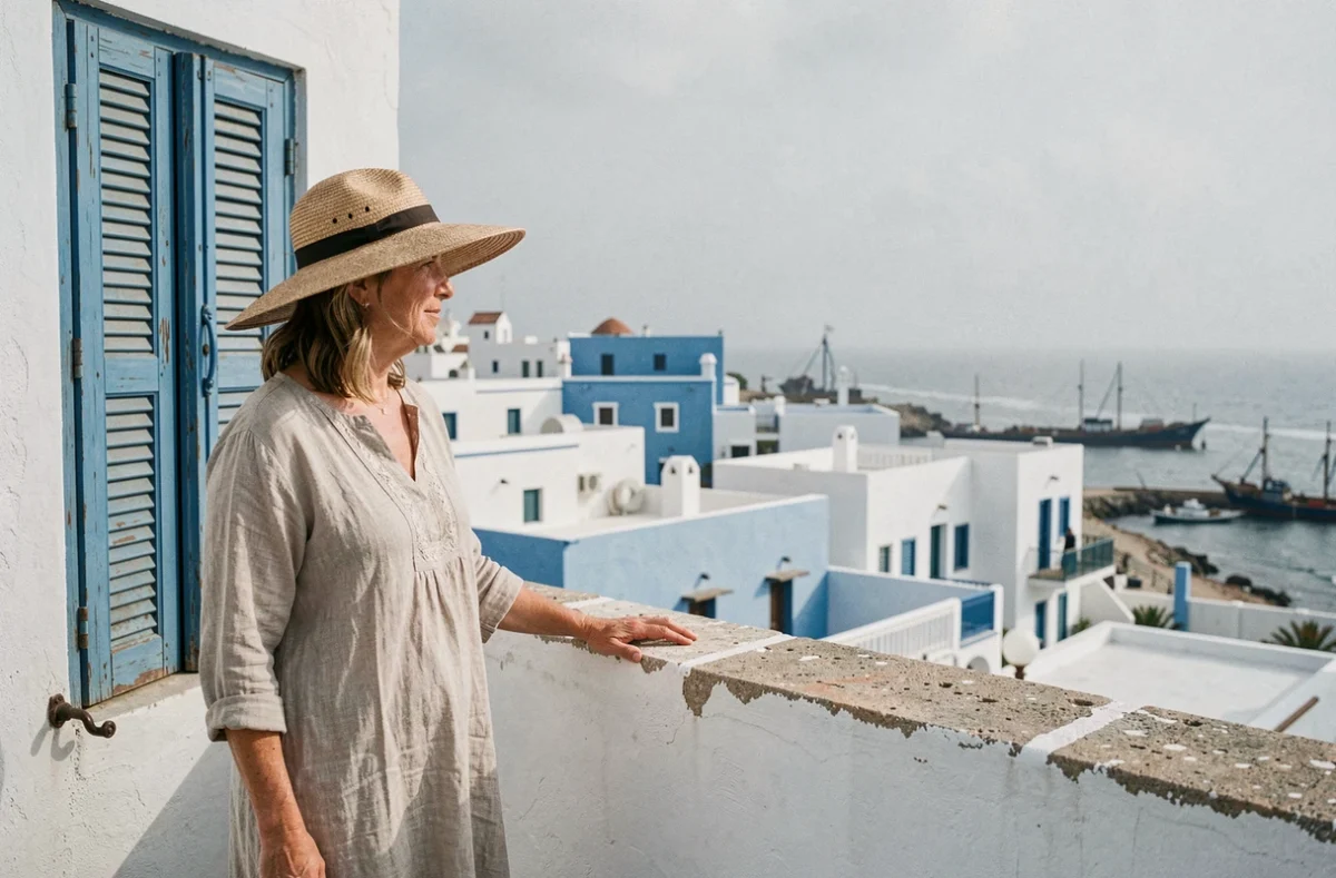 Femme sur la terrasse d'un riad à vendre à Essaouira avec vue sur la médina et l'océan Atlantique