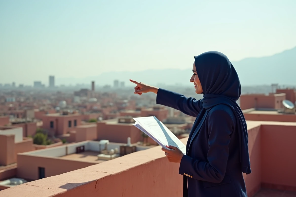 Propriétaire vendant un appartement à Marrakech sur une terrasse avec vue sur les toits de la médina et l'Atlas