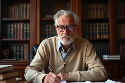 Viager et succession : un homme âgé examine des documents juridiques chez un notaire