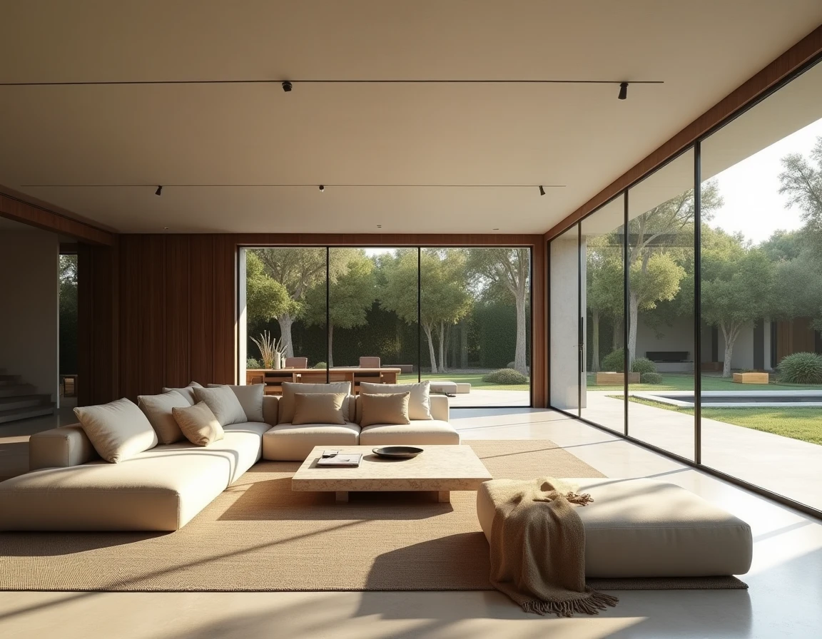 Intérieur de villa moderne aux lignes épurées et grandes baies vitrées idéal pour un repérage de film ou de série télévisée
