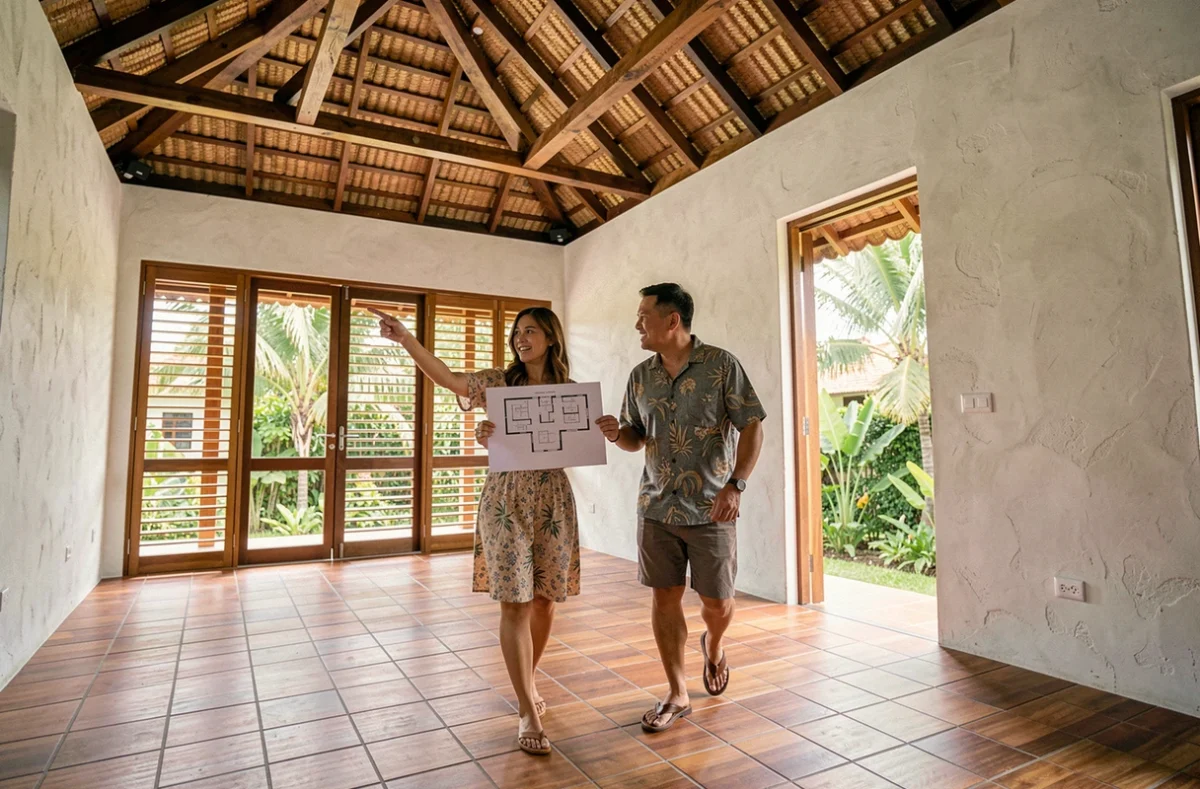 Un couple occidental visite l'intérieur d'une villa thaïlandaise à vendre à Phuket avec plan en main