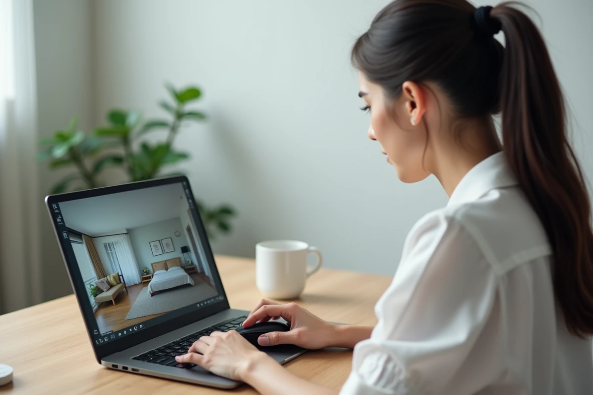 Professionnelle explorant une visite virtuelle immobilière 360 degrés sur ordinateur portable au bureau