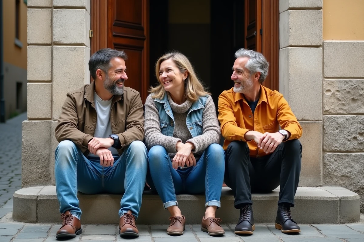 Groupe de voisins discutant devant un immeuble résidentiel typique de Saint-Étienne, symbole de la convivialité et du lien social dans les quartiers