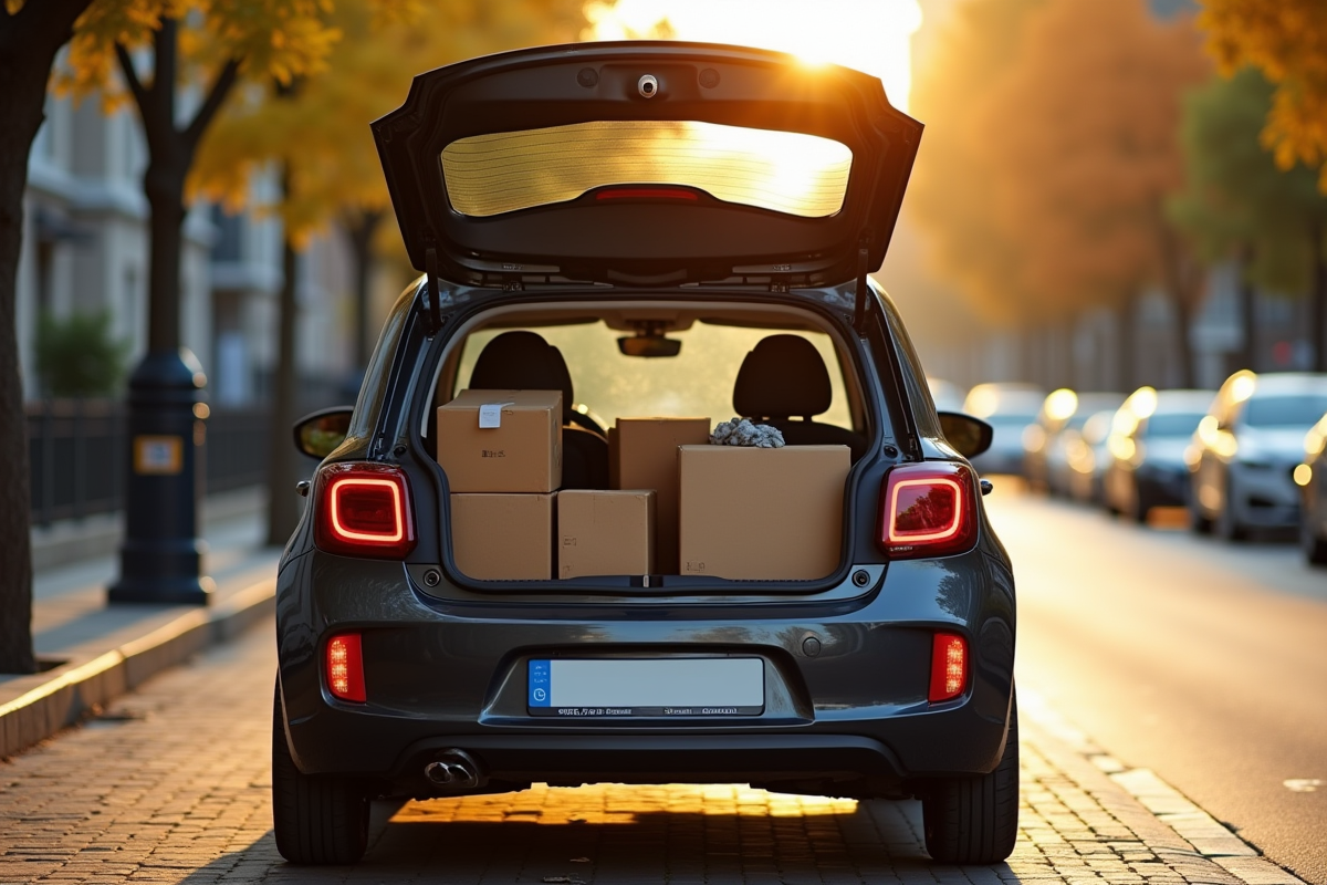 Voiture compacte garée avec bagages sur une rue arborée