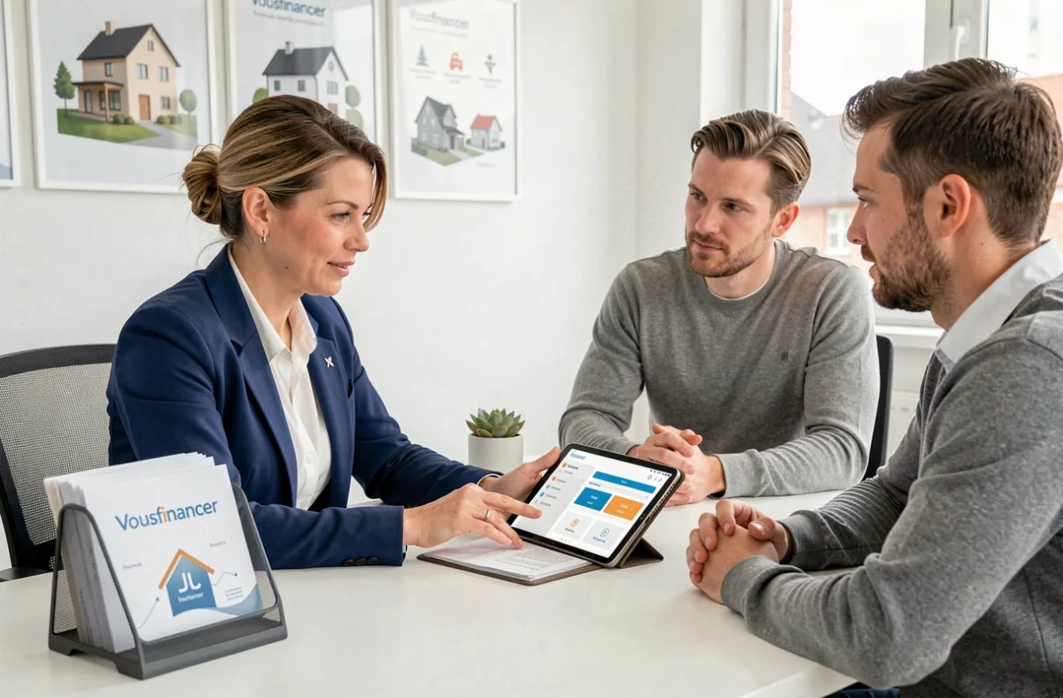 Conseillère Vousfinancer Metz présentant une simulation de prêt immobilier sur tablette à un couple de clients