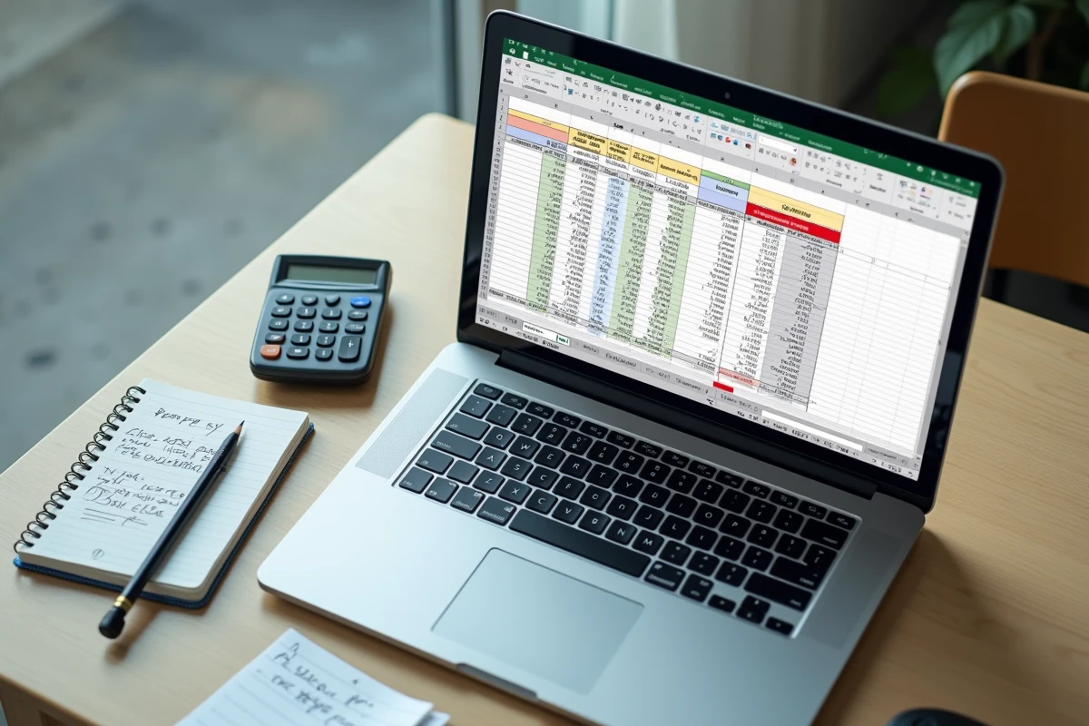 Vue aérienne d'un ordinateur portable ouvert sur un fichier Excel de simulation viager avec des formules et des graphiques financiers